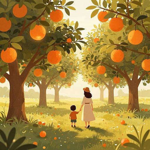 Digital illustration of a sunny orange grove with a woman and child holding hands, walking away, surrounded by glowing orange trees.