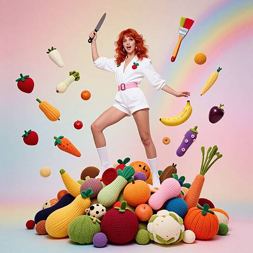 Colorful photograph of a red-haired woman in a white jumpsuit, holding a knife, surrounded by floating fruits and vegetables, rainbow background.