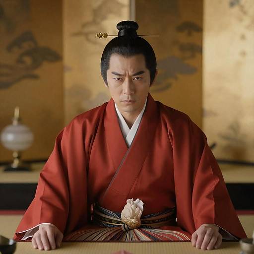 Asian Man in Traditional Red Kimono with Gold Hairpin