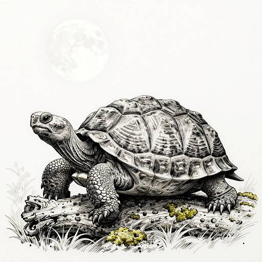 Intricate Pen and Ink Tortoise Scene