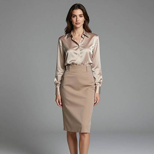 Woman in Silky Beige Formal Shirt and Skirt