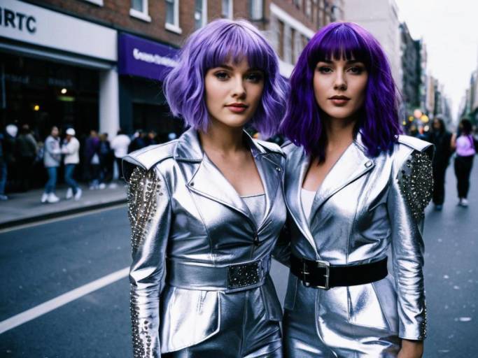 Women in Silver Pop Star Costumes with Purple Hair