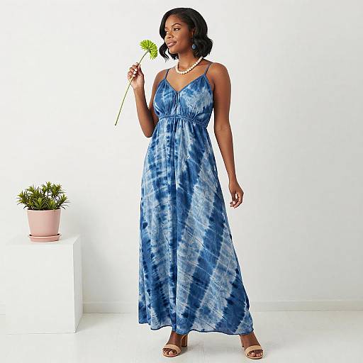 Elegant Woman in Blue Tie-Dye Dress