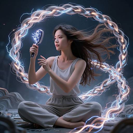 Photograph of an Asian woman with long brown hair, wearing a white tank top and gray pants, sitting cross-legged, holding a comb with glowing electrical