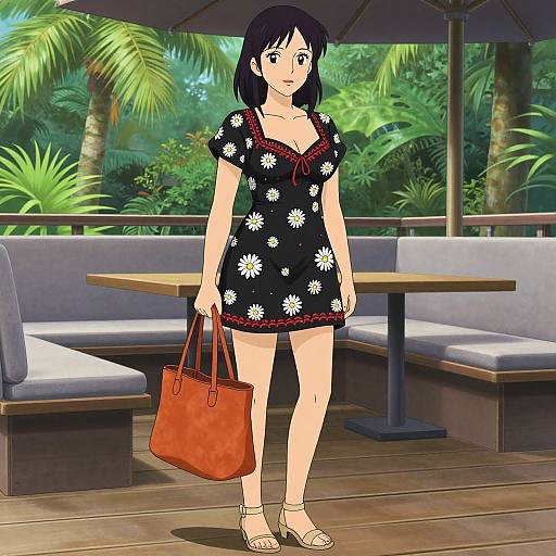 Anime-style digital drawing of a black-haired woman in a black floral dress, holding an orange bag, standing outdoors on a wooden deck with lush greenery
