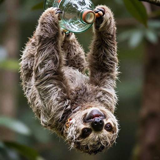 Photograph of a sloth hanging upside down, holding a clear glass bottle with both hands, in a lush green forest background.