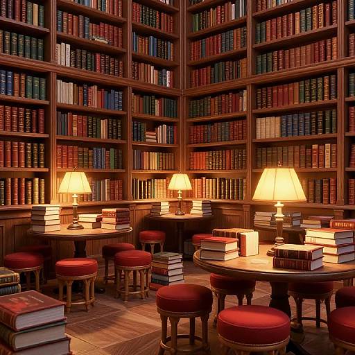 Photograph of a cozy, well-lit library room with wooden bookshelves filled with colorful books, round wooden tables, red cushioned stools,