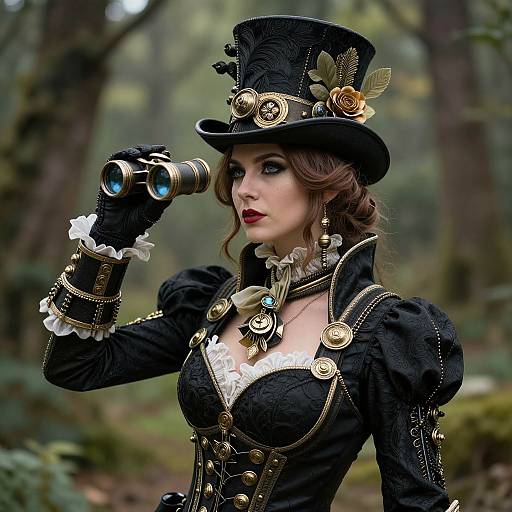 Steampunk woman in black lace dress and top hat, with gold buttons and blue goggles, looks through binoculars in a forest.