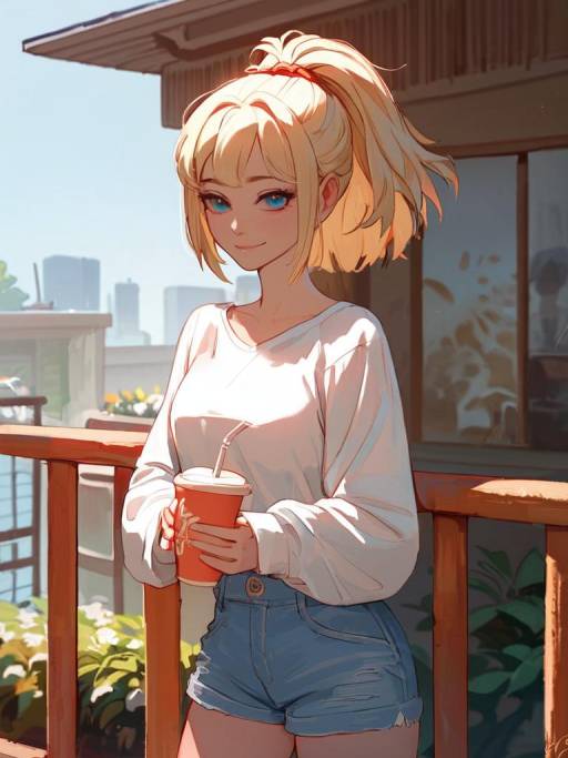 Blonde Girl Enjoying a Drink Outdoors