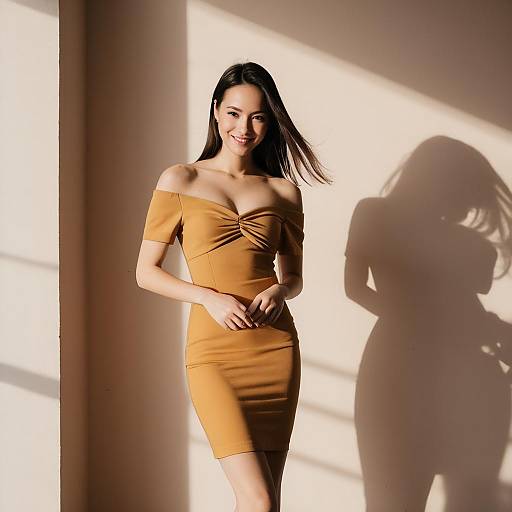 Smiling young woman in mustard yellow bodycon dress