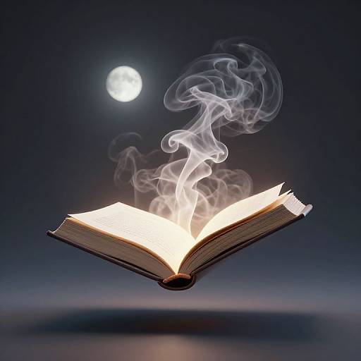 Photograph of an open book with glowing pages and swirling white smoke, floating against a dark, moonlit night sky.