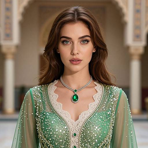 Ethereal Woman in Emerald Elegance