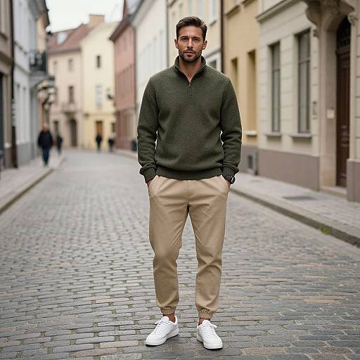 Photograph of a bearded man with short brown hair, wearing a dark green sweater, beige pants, and white sneakers, standing on a cobble