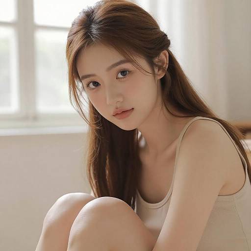 Photograph of an East Asian woman with long brown hair, fair skin, and soft features, wearing a beige tank top, sitting with knees bent in