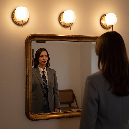 Photograph of a serious woman with long dark hair, wearing a gray suit and blue tie, reflected in a gold-framed mirror under three warm wall