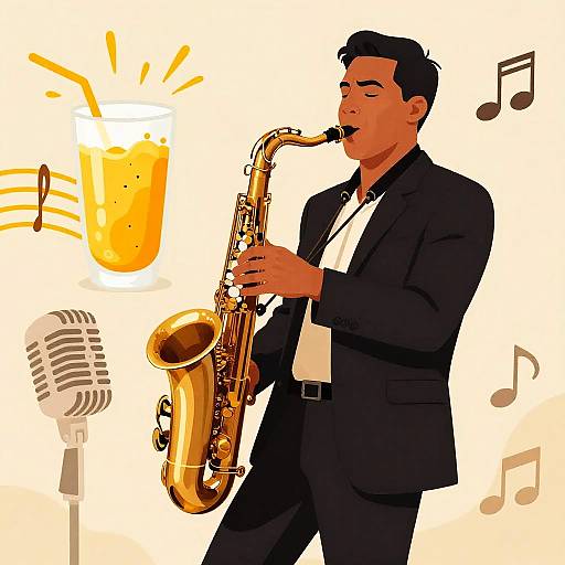 Digital illustration of a tan-skinned man with black hair, wearing a black suit, playing a golden saxophone into a vintage microphone, with musical notes