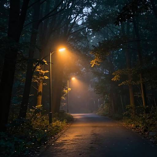 Photograph of a dark, misty forest pathway illuminated by glowing streetlights, casting warm orange light on the wet, winding road.