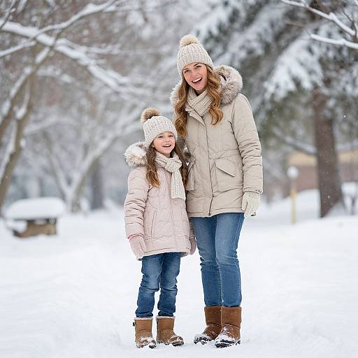Photograph of a smiling mother and daughter in winter clothes, standing in a snowy park with trees, both wearing white knit hats.
