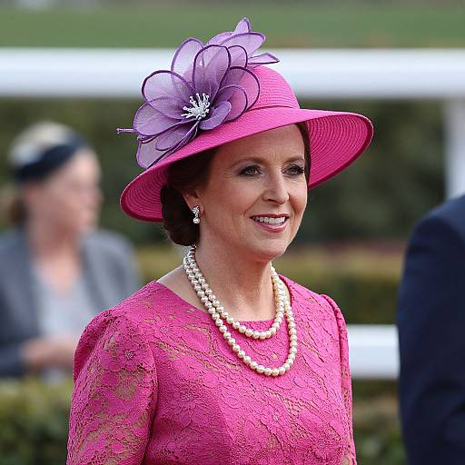 Photograph of a mature woman in a bright pink lace dress and matching hat with a large purple flower, wearing pearl necklaces and earrings, smiling outdoors