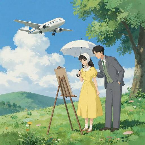 Anime Woman with Umbrella on Hill