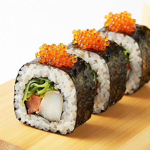 Photograph of four sushi rolls with white rice, seaweed, green lettuce, pink tuna, and topped with bright orange tobiko, on a wooden