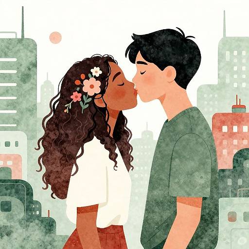 Biracial Couple Kissing in Dystopian City