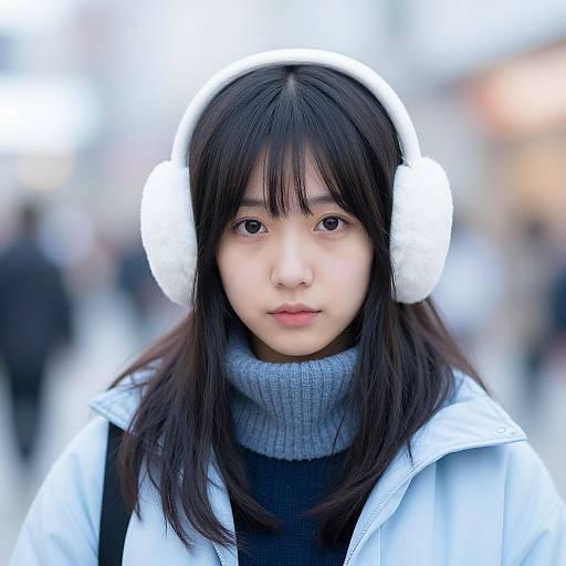 Photograph of an East Asian woman with long black hair, white headphones, gray turtleneck, and white jacket, standing in a blurred city street