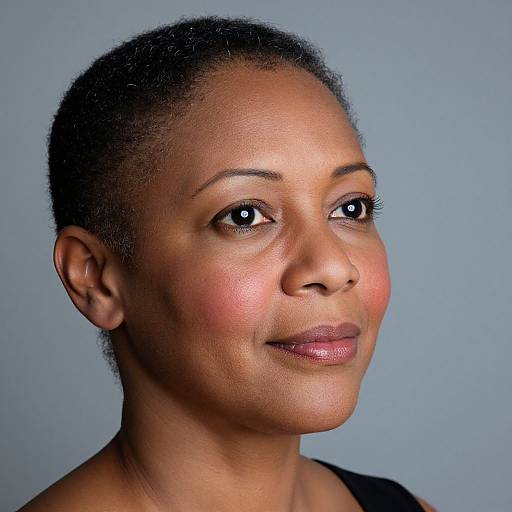 Photograph of a smiling African-American woman with short, curly hair, brown eyes, and light brown skin, against a plain blue background.