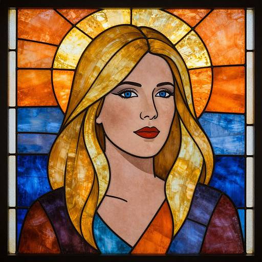 Stained glass portrait of a blonde woman with blue eyes, red lips, and a golden halo, set against an orange and blue background.