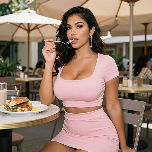 Photograph of a curvy woman with long dark hair, wearing a pink crop top and skirt, eating at an outdoor café, with a burger and