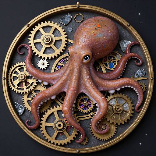 Digital art of a detailed, textured pink octopus with red spots, surrounded by gold gears and crystals inside a circular frame.
