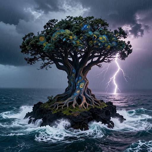 Digital artwork of a mystical, lightning-struck tree with colorful, swirling patterns, rooted on a rocky ocean island amidst turbulent waves and a stormy sky