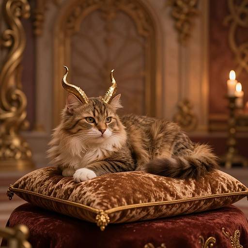 Regal long-haired cat with golden antlers lounges on a luxurious brown velvet cushion, surrounded by ornate, golden, candlelit room. Phot