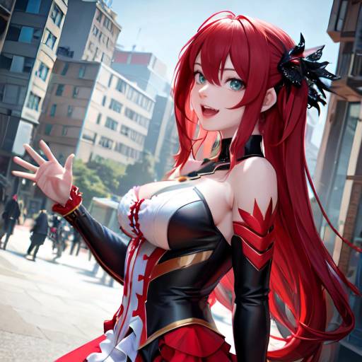 Digital anime-style artwork of a red-haired girl with blue eyes, wearing a black and gold, revealing, fantasy outfit, with dynamic orange and black abstract