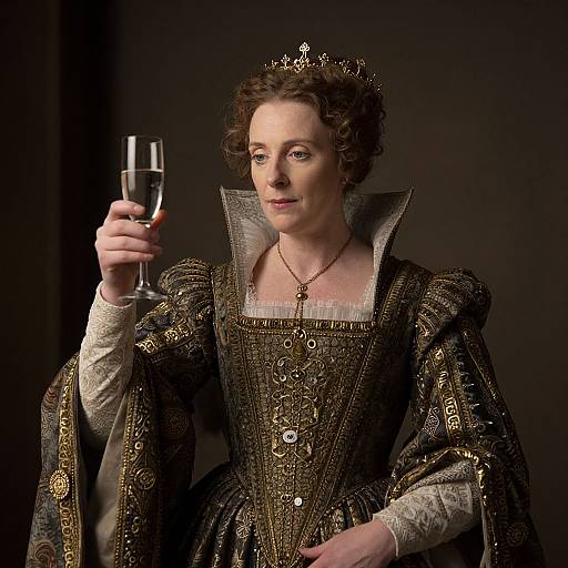 Photograph of a regal woman in an ornate, gold-embroidered Renaissance gown, holding a glass of water, wearing a crown and