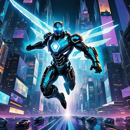 Futuristic Robot Soaring Over Metropolis Futuristic Robot Soaring Over Metropolis