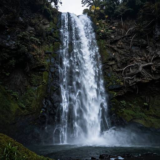 Photograph of a tall, cascading waterfall plunging into a misty pool, surrounded by dark, moss-covered rocks and dense, lush green foliage