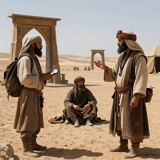 Photograph of three Middle Eastern men in desert, wearing traditional robes and headscarves, standing and sitting near ancient stone arches. One holds a