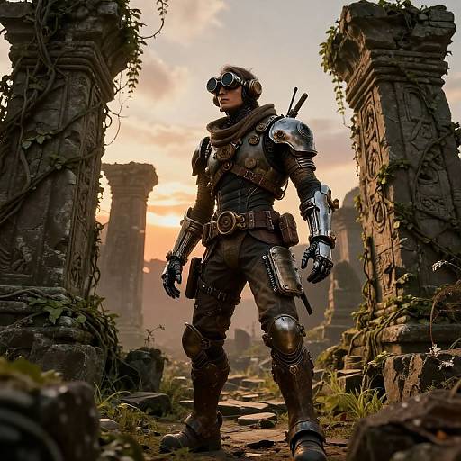 Cybernetic soldier in futuristic armor stands confidently in ruins, sunset sky behind, surrounded by ancient, overgrown stone pillars. Photorealistic CGI