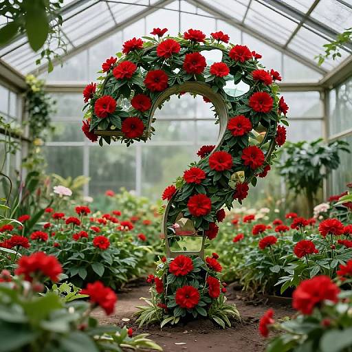 Photograph of a greenhouse with a large, curved floral arch adorned with vibrant red dahlias, surrounded by lush greenery and numerous red flowers on the