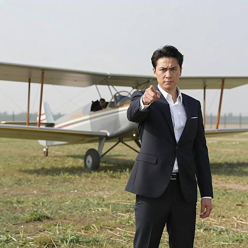Man in Suit Pointing with Vintage Biplane Behind