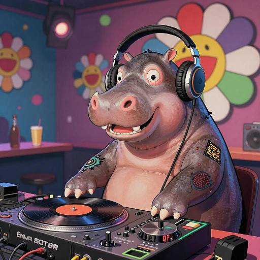 Digital cartoon: Anthropomorphic hippo with headphones, tattoos, and DJ setup, smiling while mixing music in a colorful, flower-decorated room.