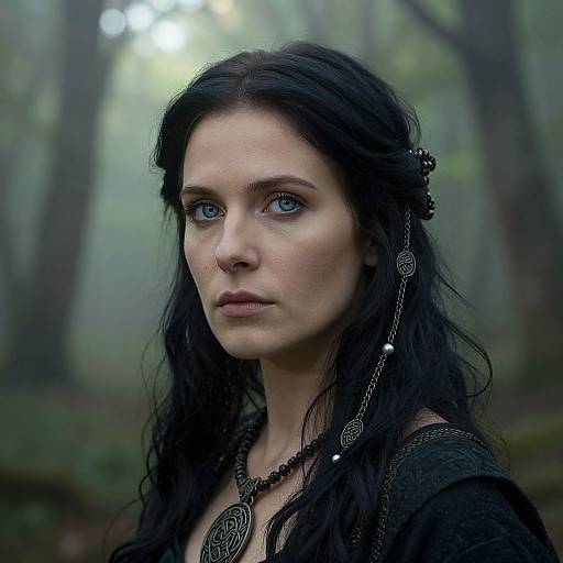 Photograph of a pale-skinned woman with blue eyes, long black hair, wearing a black medieval-style dress and intricate jewelry, standing in a mist