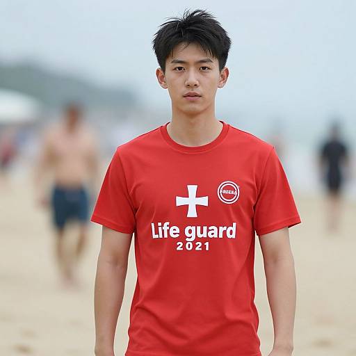 Photograph of an Asian male lifeguard with short black hair, wearing a red 