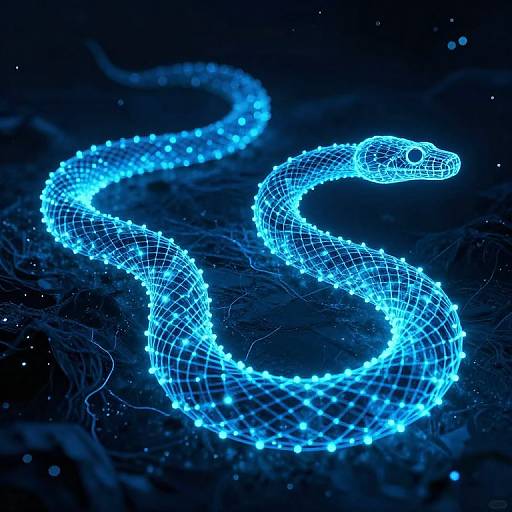 Digital artwork of a glowing blue wireframe snake, coiled in a dark, starry space. Neon lights create a futuristic, luminous effect.