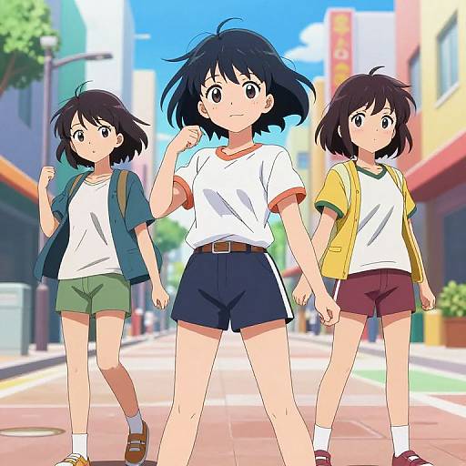 Anime-style digital illustration of three young girls with black hair, wearing white shirts and shorts, walking down a sunny, urban street.
