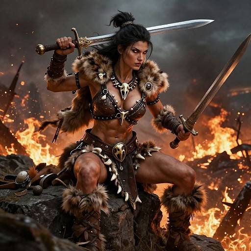 Digital art: Muscular warrior woman with dark hair, fur armor, and bone decorations, wielding two swords, kneeling amid fiery ruins. Intense,
