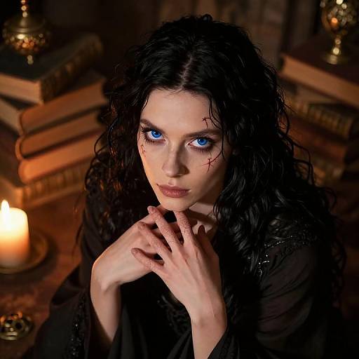 Photograph of a pale woman with black, wavy hair and striking blue eyes, scarred face, wearing black, hands clasped, candlelit