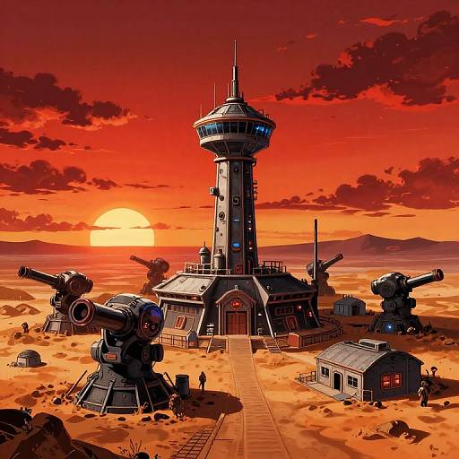 Digital art: Red-orange desert sunset with a futuristic tower, three large cannons, and small buildings. Bright sun, dramatic clouds, and sandy terrain.