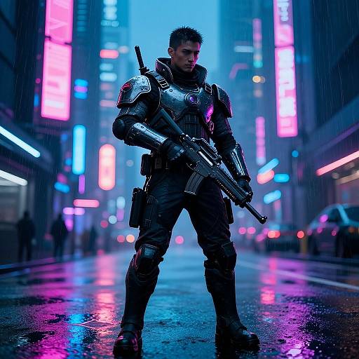Cyberpunk soldier with armored suit, holding assault rifle, stands in neon-lit, rainy city street, glowing pink and blue lights reflecting on wet